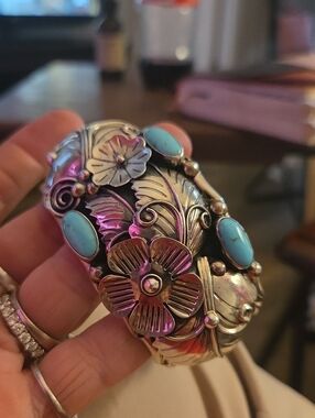 Handcrafted Floral  Sleeping Beauty Turquoise Sterling Cuff Bracelet
